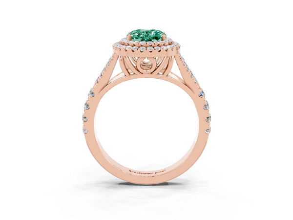 Rose gold Oval Cut Green Sapphire Double Halo Ring with Split Shank and Prong Setting