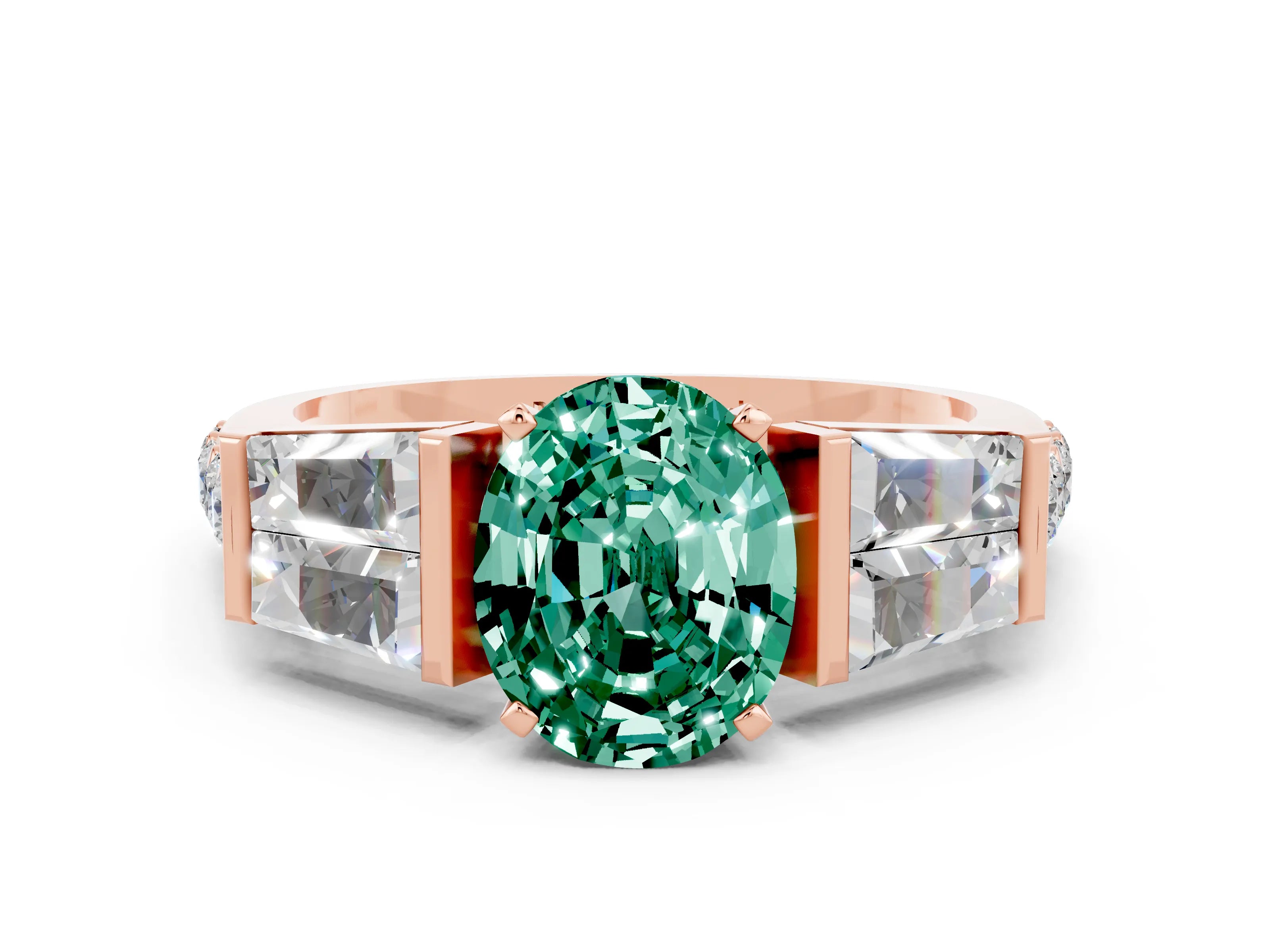 Rose gold Oval Cut Green Sapphire Engagement Ring with Baguette Side Stones and Channel Set Band