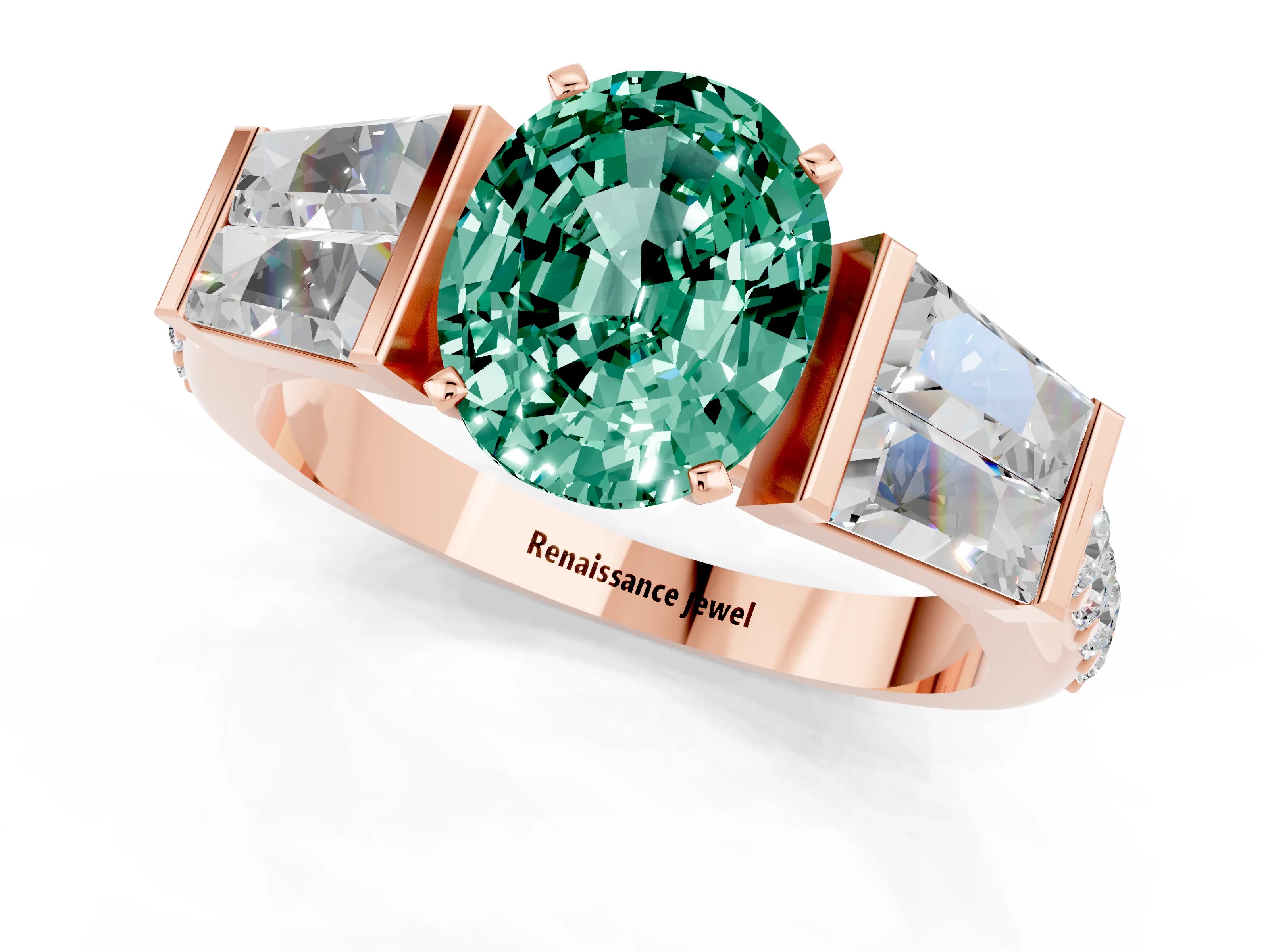 Rose gold Oval Cut Green Sapphire Engagement Ring with Baguette Side Stones and Channel Set Band_1