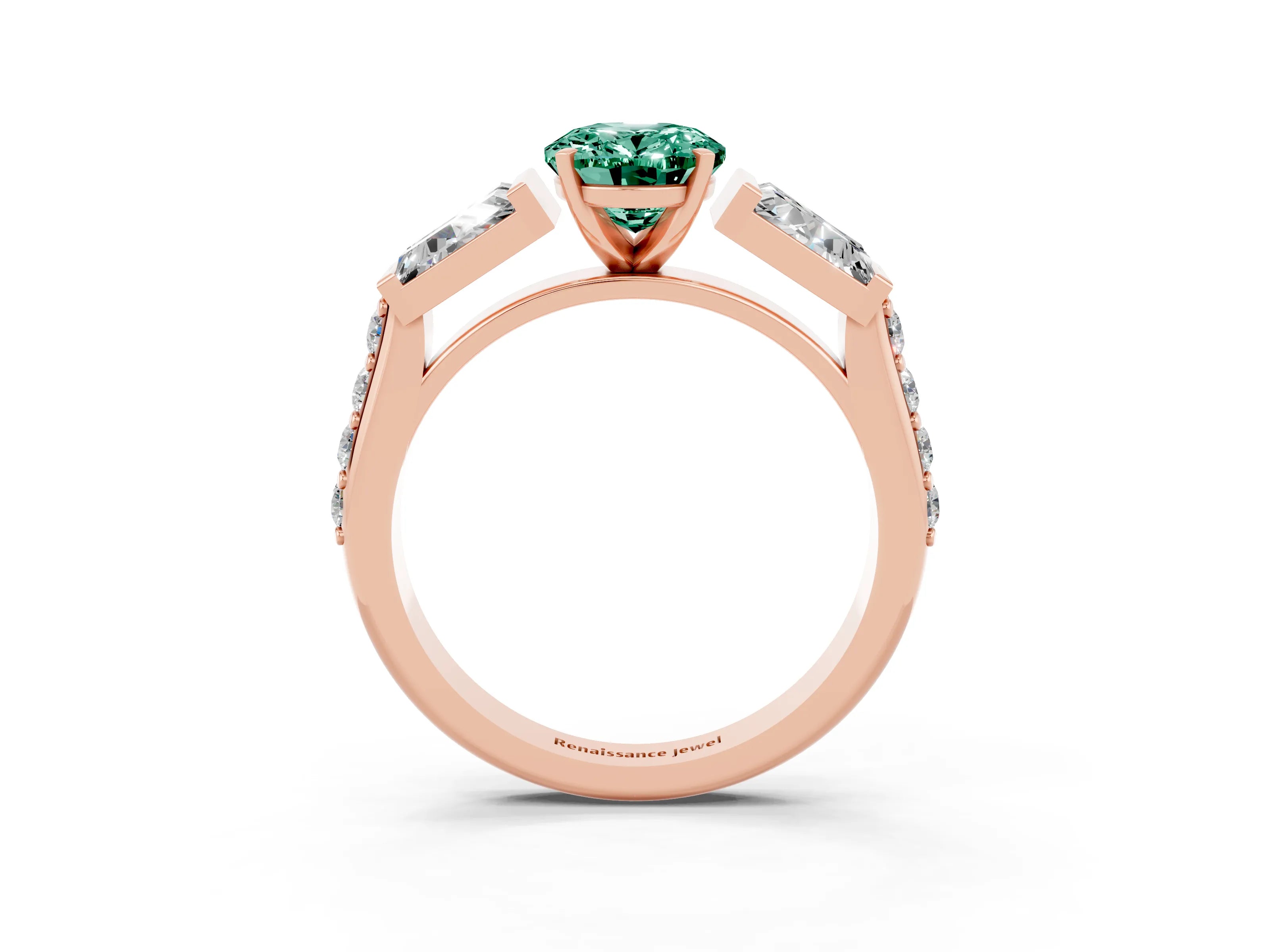 Rose gold Oval Cut Green Sapphire Engagement Ring with Baguette Side Stones and Channel Set Band_3