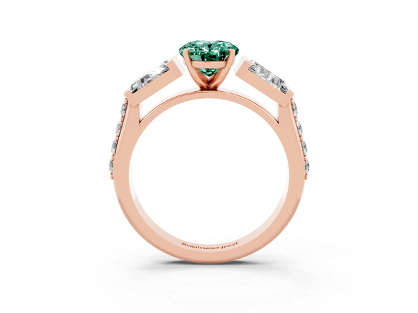 Rose gold Oval Cut Green Sapphire Engagement Ring with Baguette Side Stones and Channel Set Band