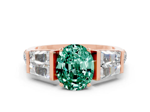 Rose gold Oval Cut Green Sapphire Engagement Ring with Baguette Side Stones and Channel Set Band