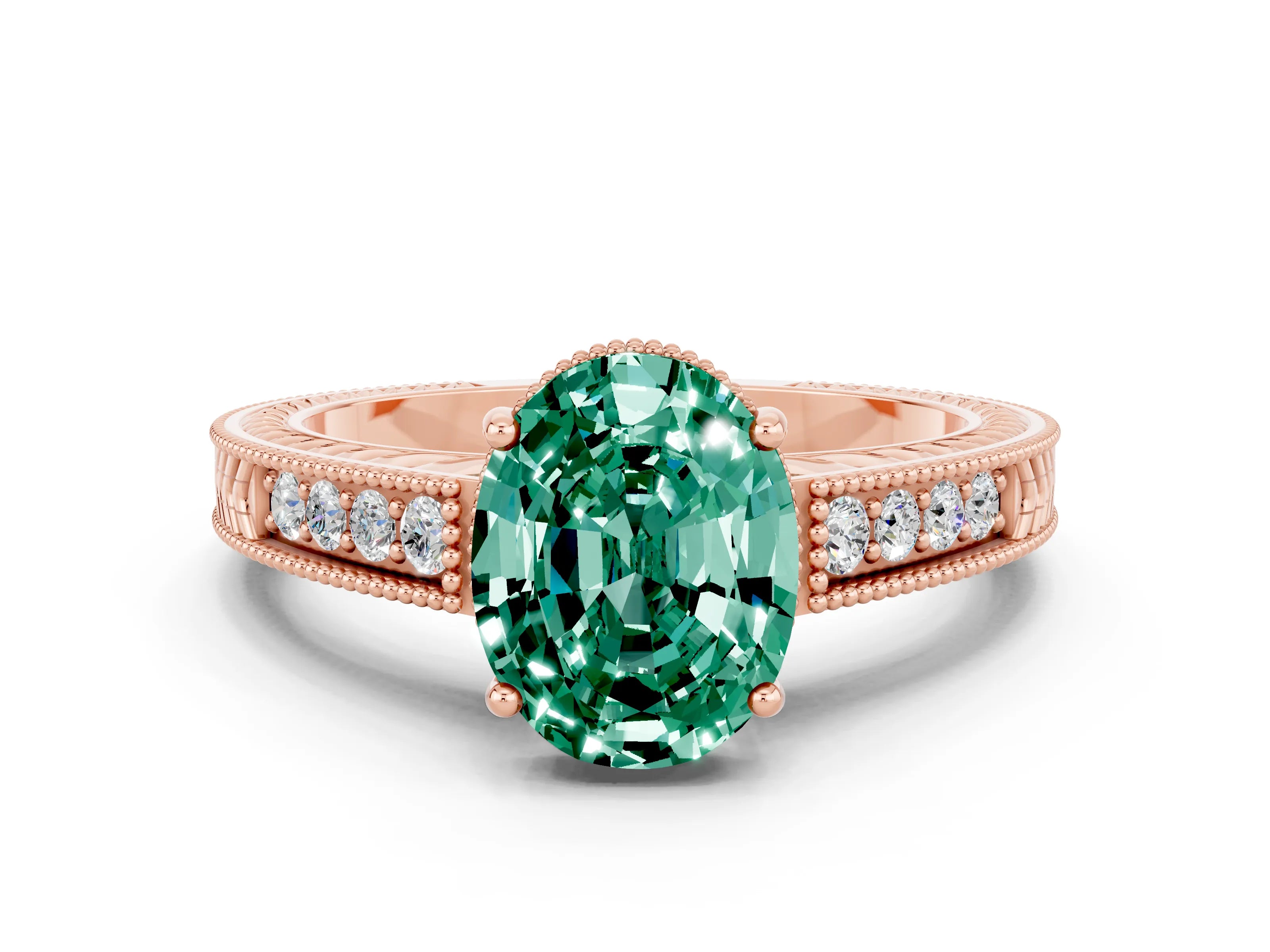 Rose gold Oval Cut Green Sapphire Engagement Ring with Milgrain Channel Set Band and Prong Setting