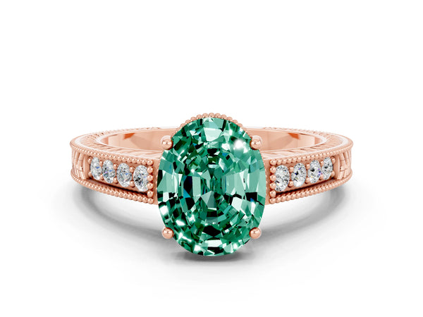 Rose gold Oval Cut Green Sapphire Engagement Ring with Milgrain Channel Set Band and Prong Setting