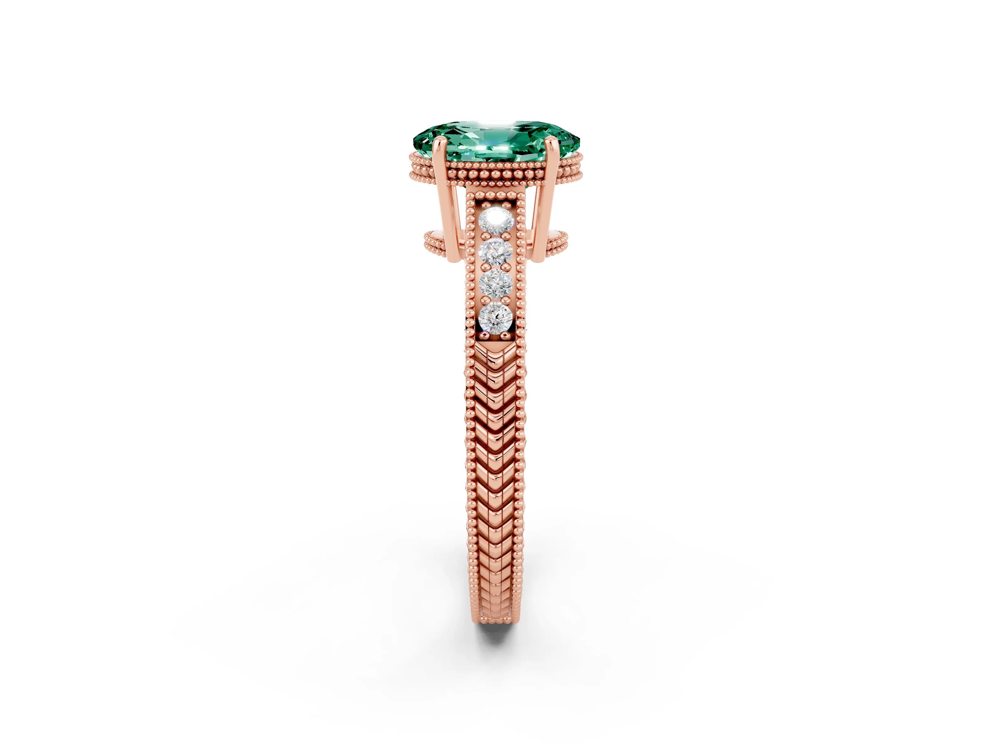 Rose gold Oval Cut Green Sapphire Engagement Ring with Milgrain Channel Set Band and Prong Setting_2