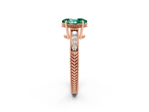 Rose gold Oval Cut Green Sapphire Engagement Ring with Milgrain Channel Set Band and Prong Setting