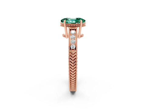 Rose gold Oval Cut Green Sapphire Engagement Ring with Milgrain Channel Set Band and Prong Setting_2