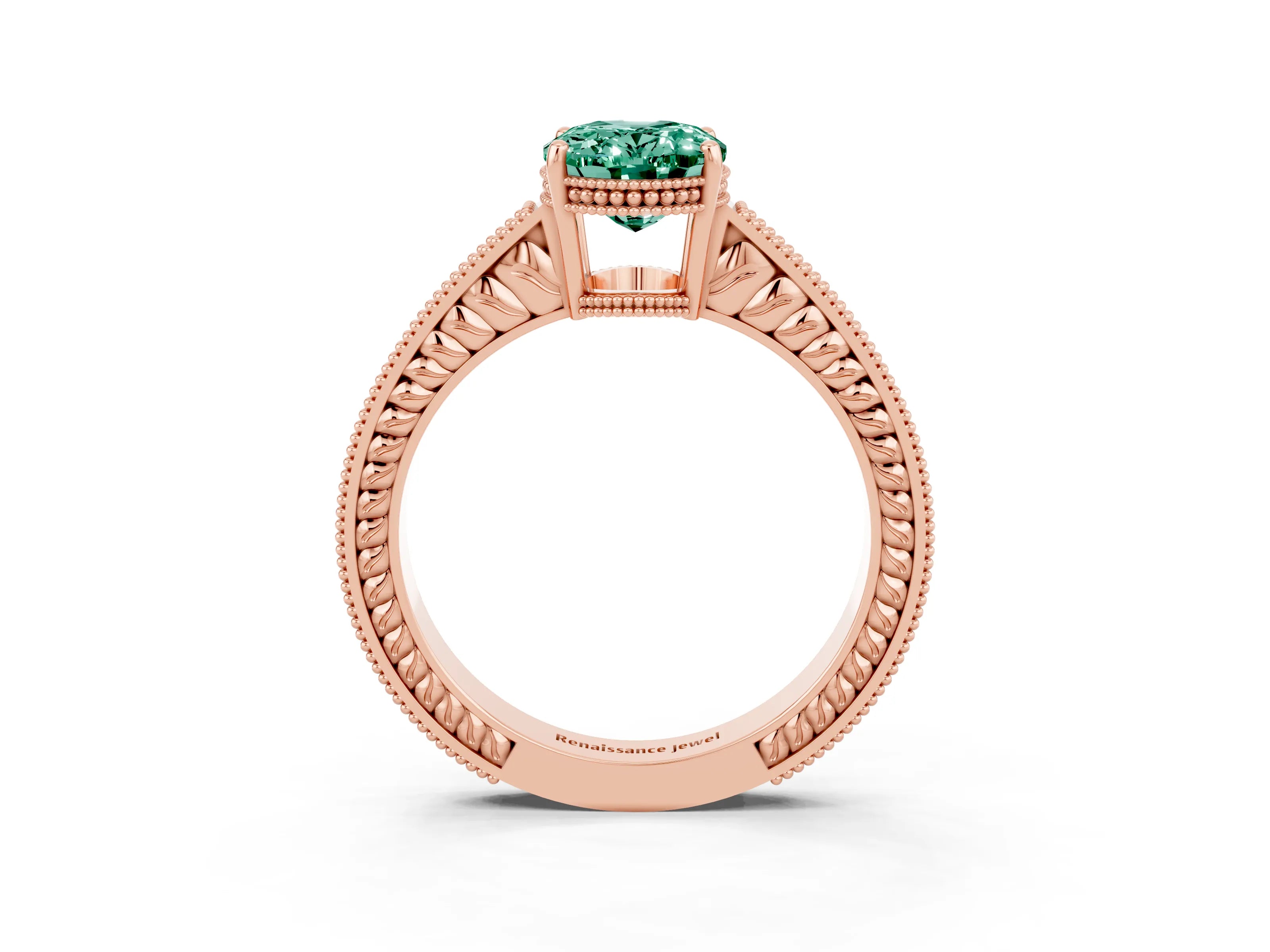 Rose gold Oval Cut Green Sapphire Engagement Ring with Milgrain Channel Set Band and Prong Setting_3