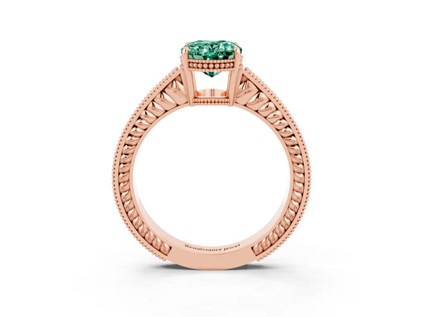 Rose gold Oval Cut Green Sapphire Engagement Ring with Milgrain Channel Set Band and Prong Setting