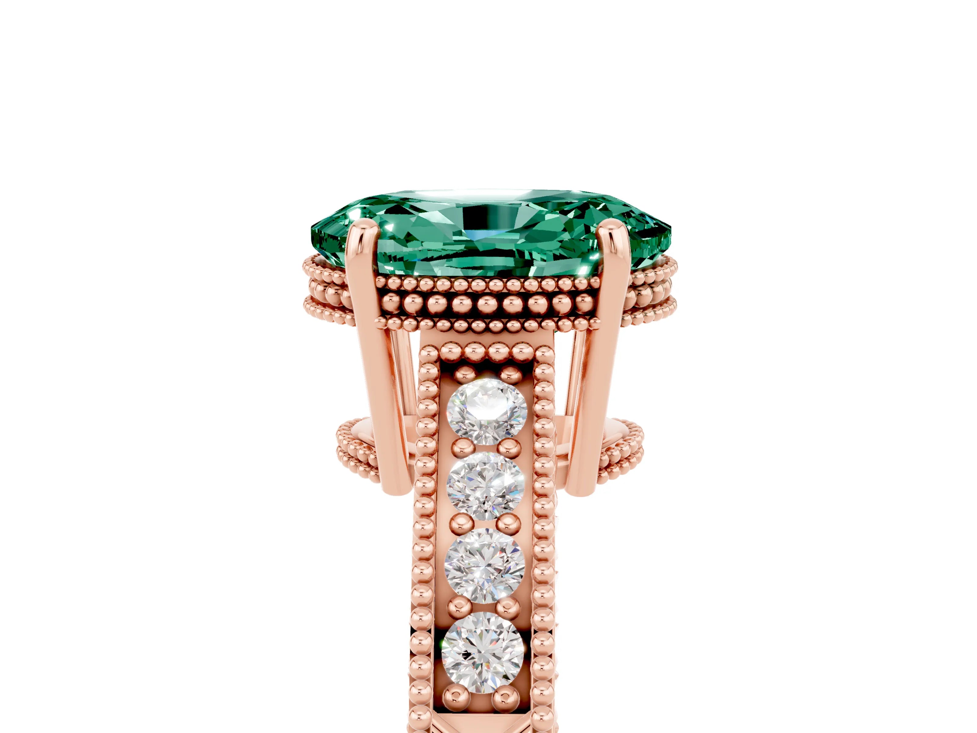 Rose gold Oval Cut Green Sapphire Engagement Ring with Milgrain Channel Set Band and Prong Setting_5