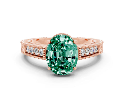 Rose gold Oval Cut Green Sapphire Engagement Ring with Milgrain Channel Set Band and Prong Setting