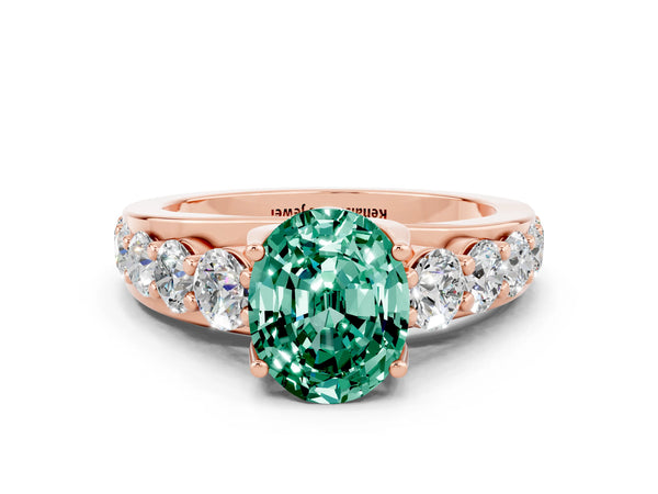 Rose gold Oval Cut Green Sapphire Engagement Ring with Pavé Band and Four-Prong Setting