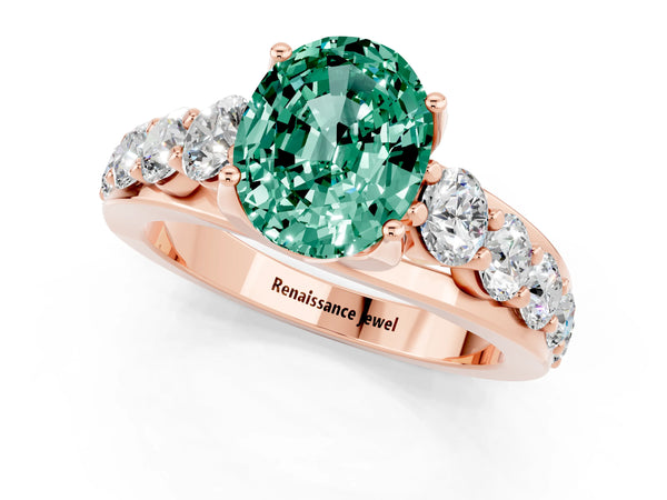 Rose gold Oval Cut Green Sapphire Engagement Ring with Pavé Band and Four-Prong Setting