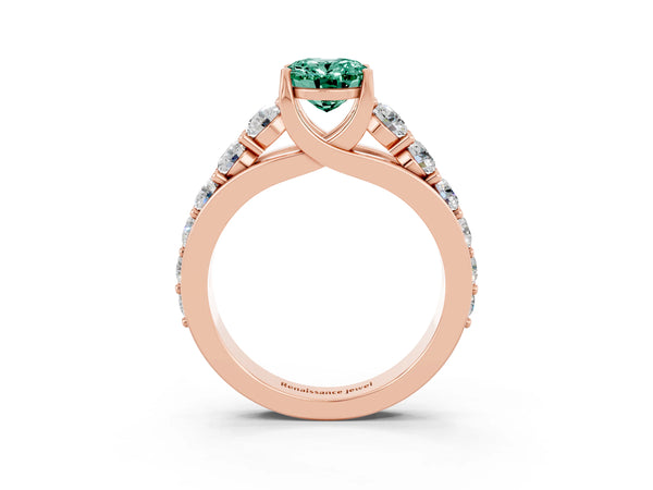 Rose gold Oval Cut Green Sapphire Engagement Ring with Pavé Band and Four-Prong Setting