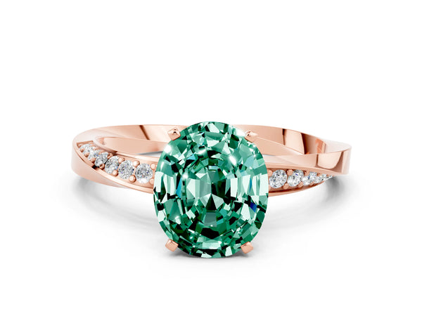 Rose gold Oval Cut Green Sapphire Engagement Ring with Side Stone Accents and Four-Prong Setting