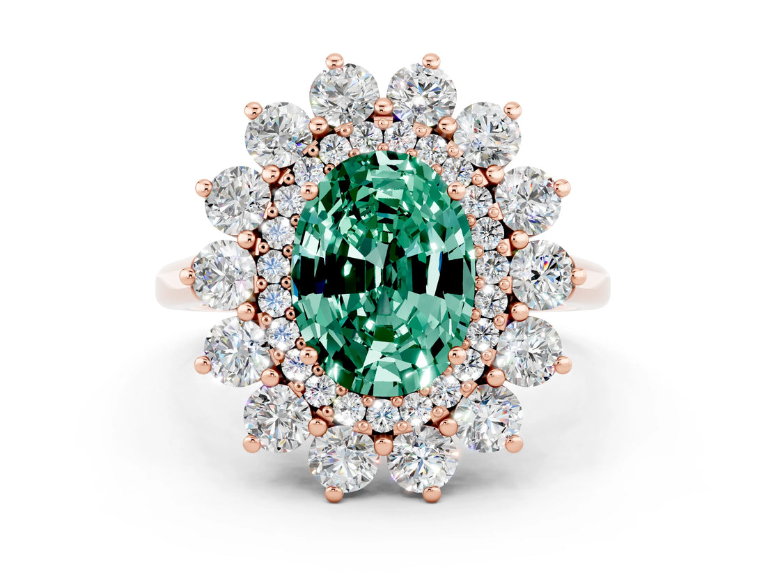 Rose gold Oval Cut Green Sapphire Floral Double Halo Engagement Ring with Prong Setting_36
