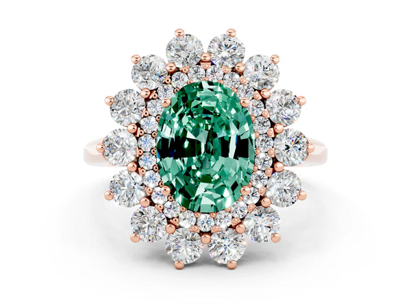 Rose gold Oval Cut Green Sapphire Floral Double Halo Engagement Ring with Prong Setting