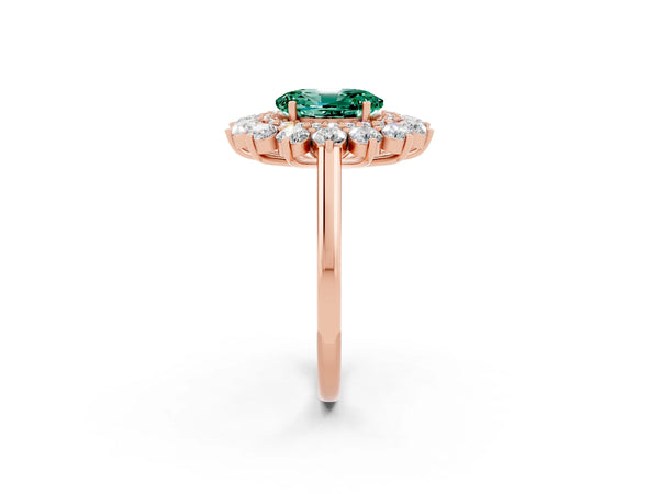 Rose gold Oval Cut Green Sapphire Floral Double Halo Engagement Ring with Prong Setting