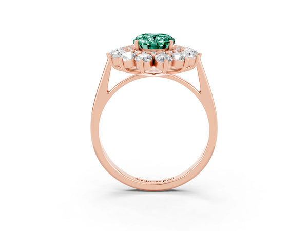 Rose gold Oval Cut Green Sapphire Floral Double Halo Engagement Ring with Prong Setting