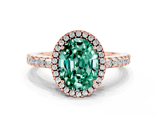 Rose gold Oval Cut Green Sapphire Halo Engagement Ring with Pavé Band and Prong Setting