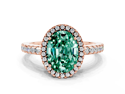 Rose gold Oval Cut Green Sapphire Halo Engagement Ring with Pavé Band and Prong Setting_12