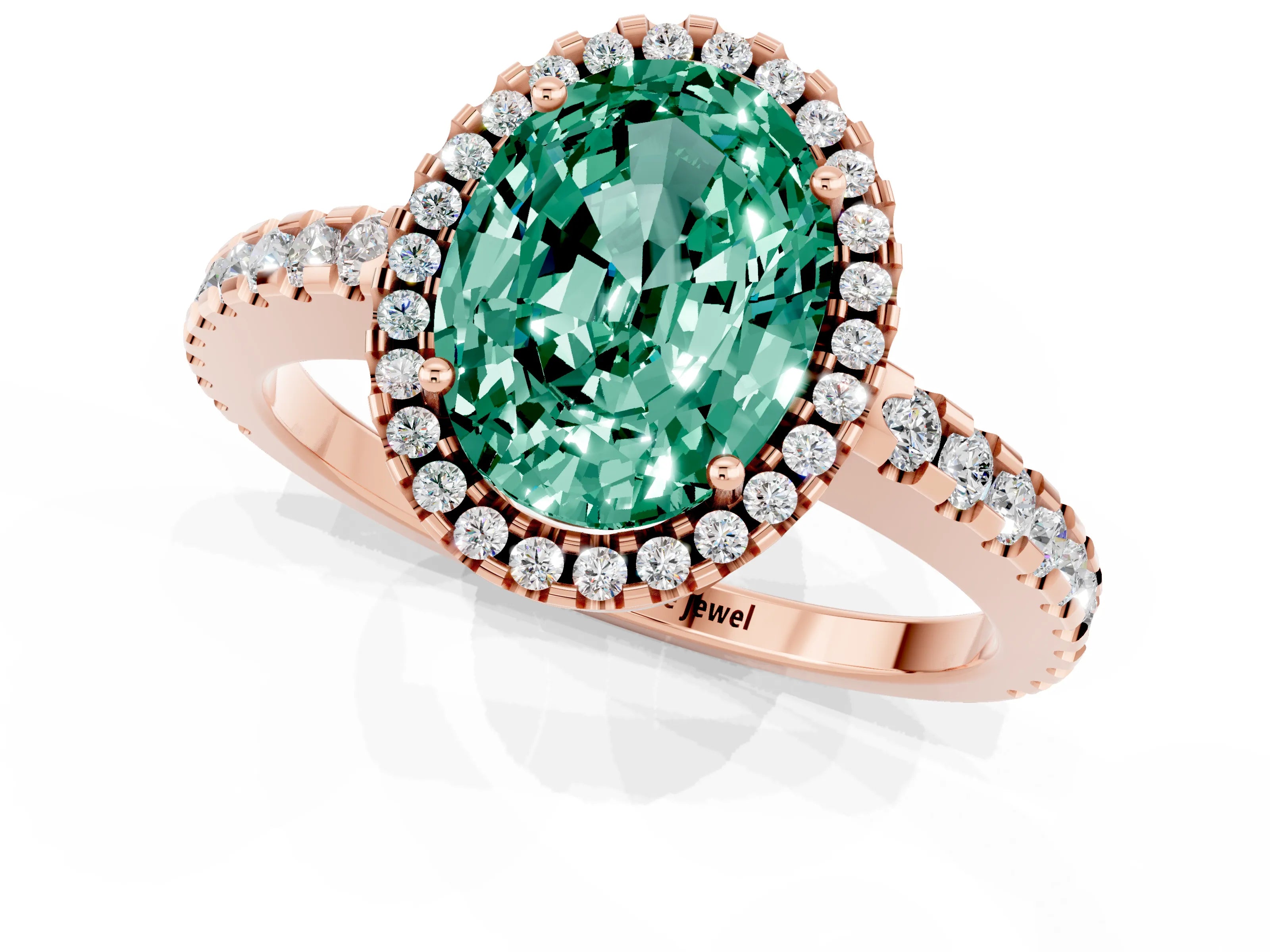 Rose gold Oval Cut Green Sapphire Halo Engagement Ring with Pavé Band and Prong Setting_13