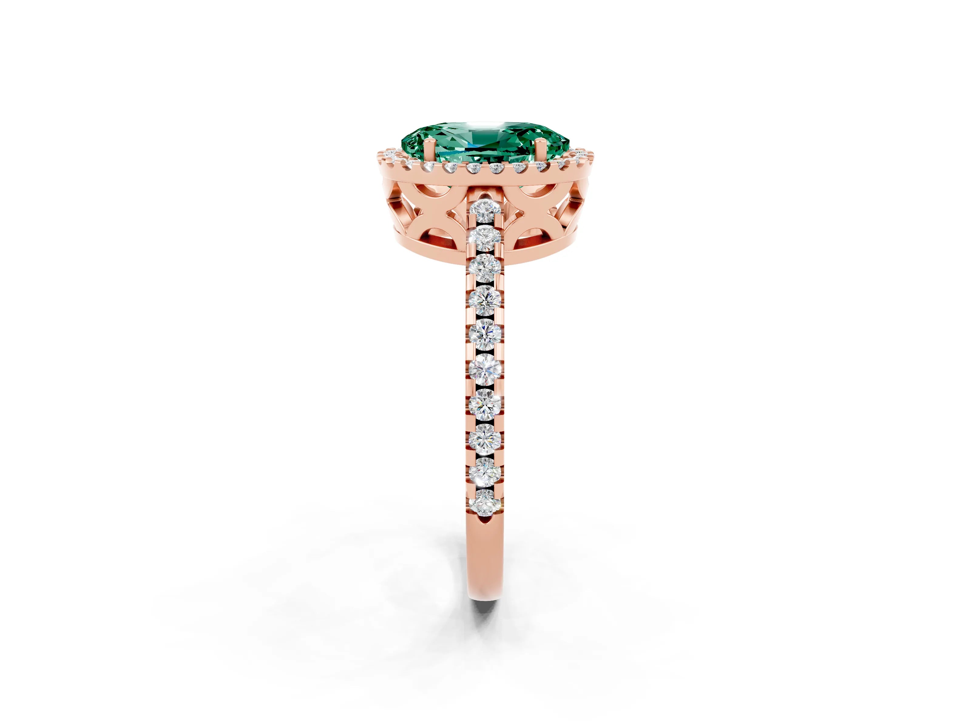 Rose gold Oval Cut Green Sapphire Halo Engagement Ring with Pavé Band and Prong Setting_14