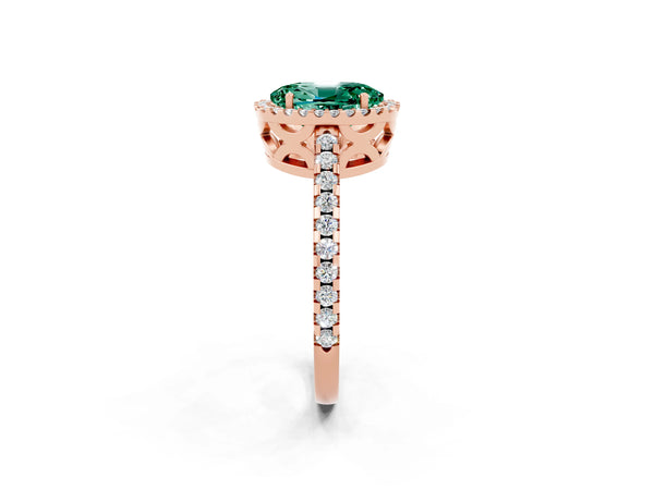 Rose gold Oval Cut Green Sapphire Halo Engagement Ring with Pavé Band and Prong Setting