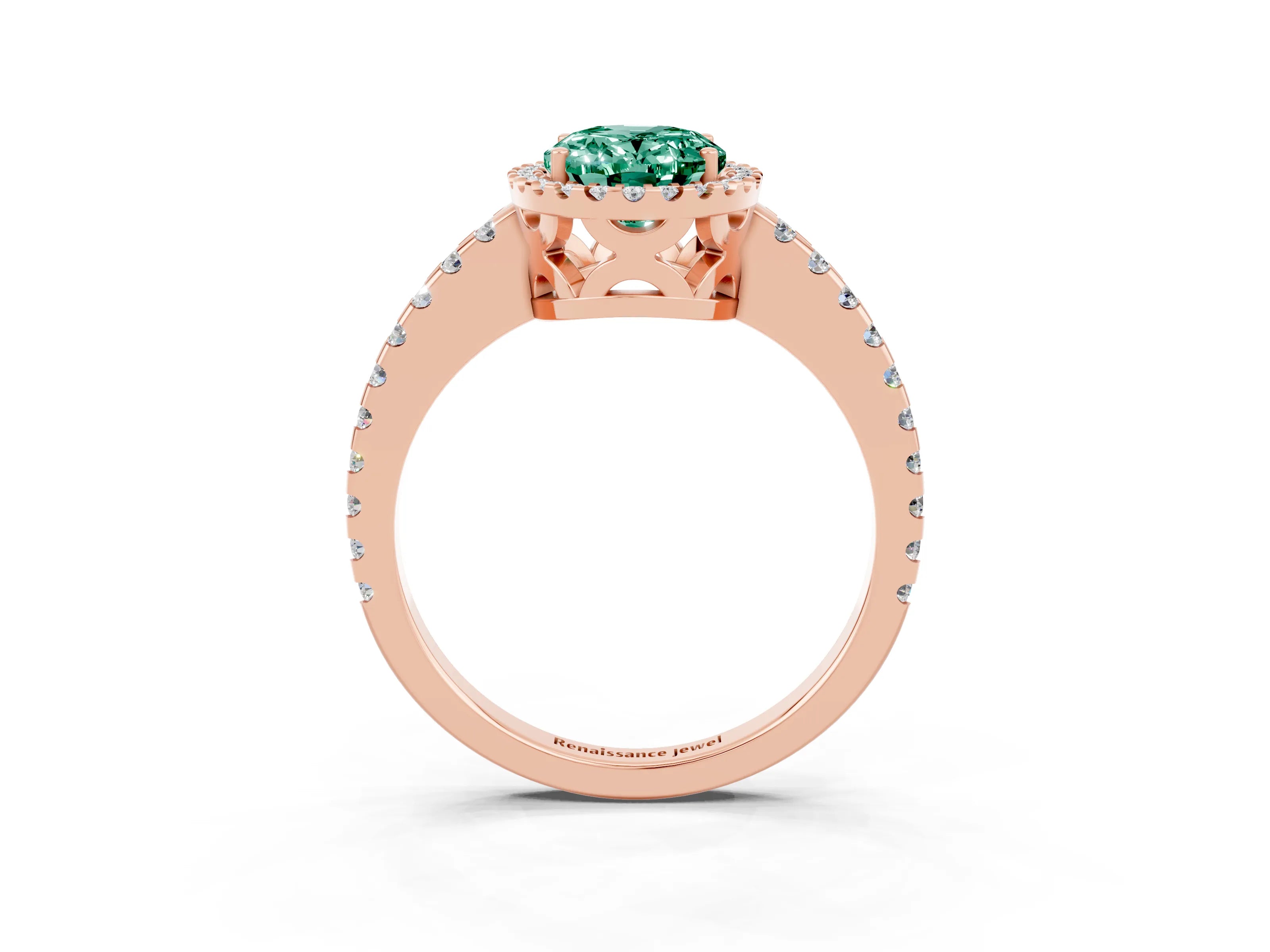 Rose gold Oval Cut Green Sapphire Halo Engagement Ring with Pavé Band and Prong Setting_15