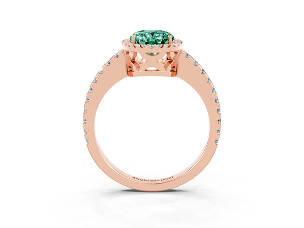 Rose gold Oval Cut Green Sapphire Halo Engagement Ring with Pavé Band and Prong Setting