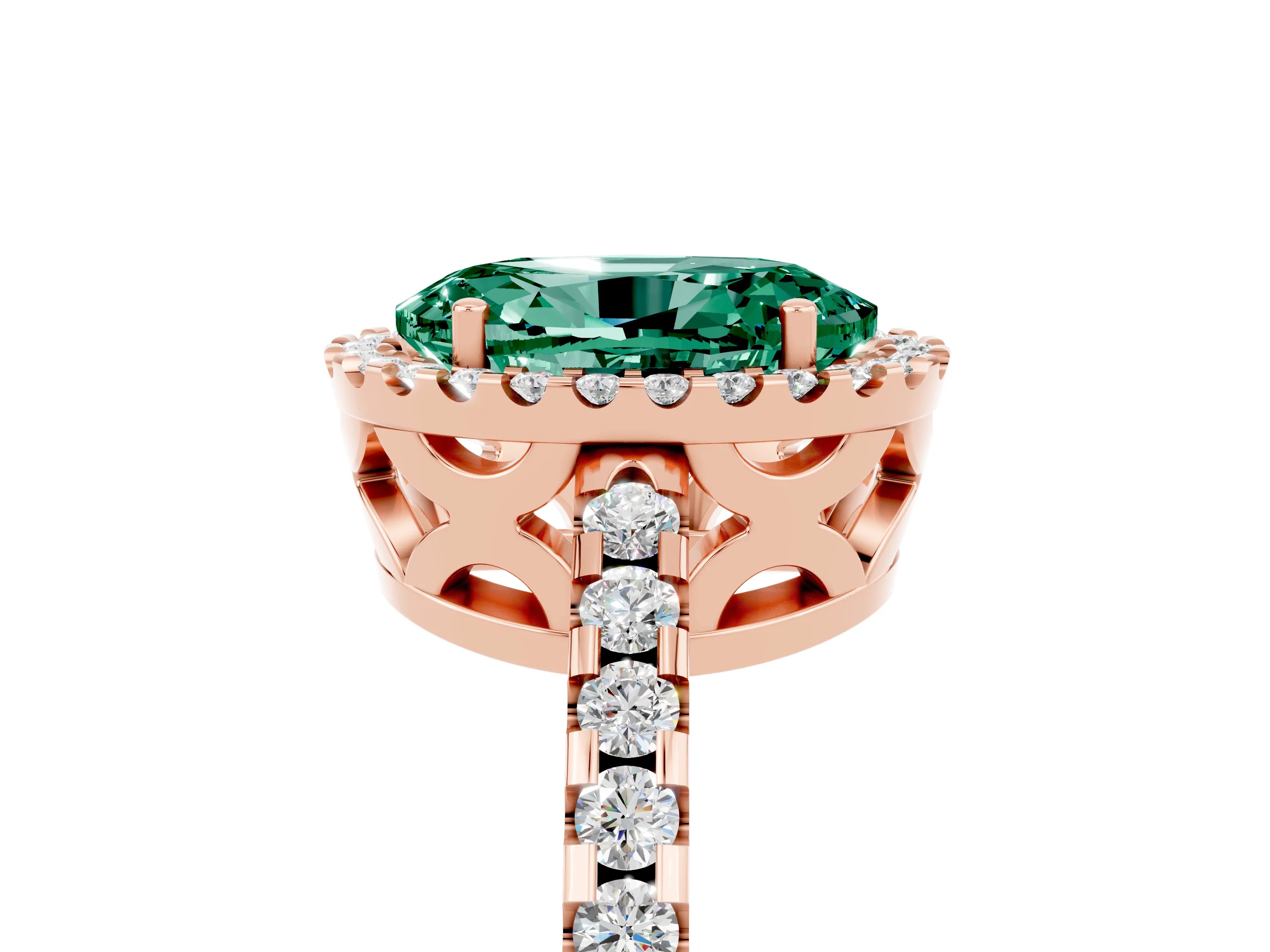 Rose gold Oval Cut Green Sapphire Halo Engagement Ring with Pavé Band and Prong Setting_17