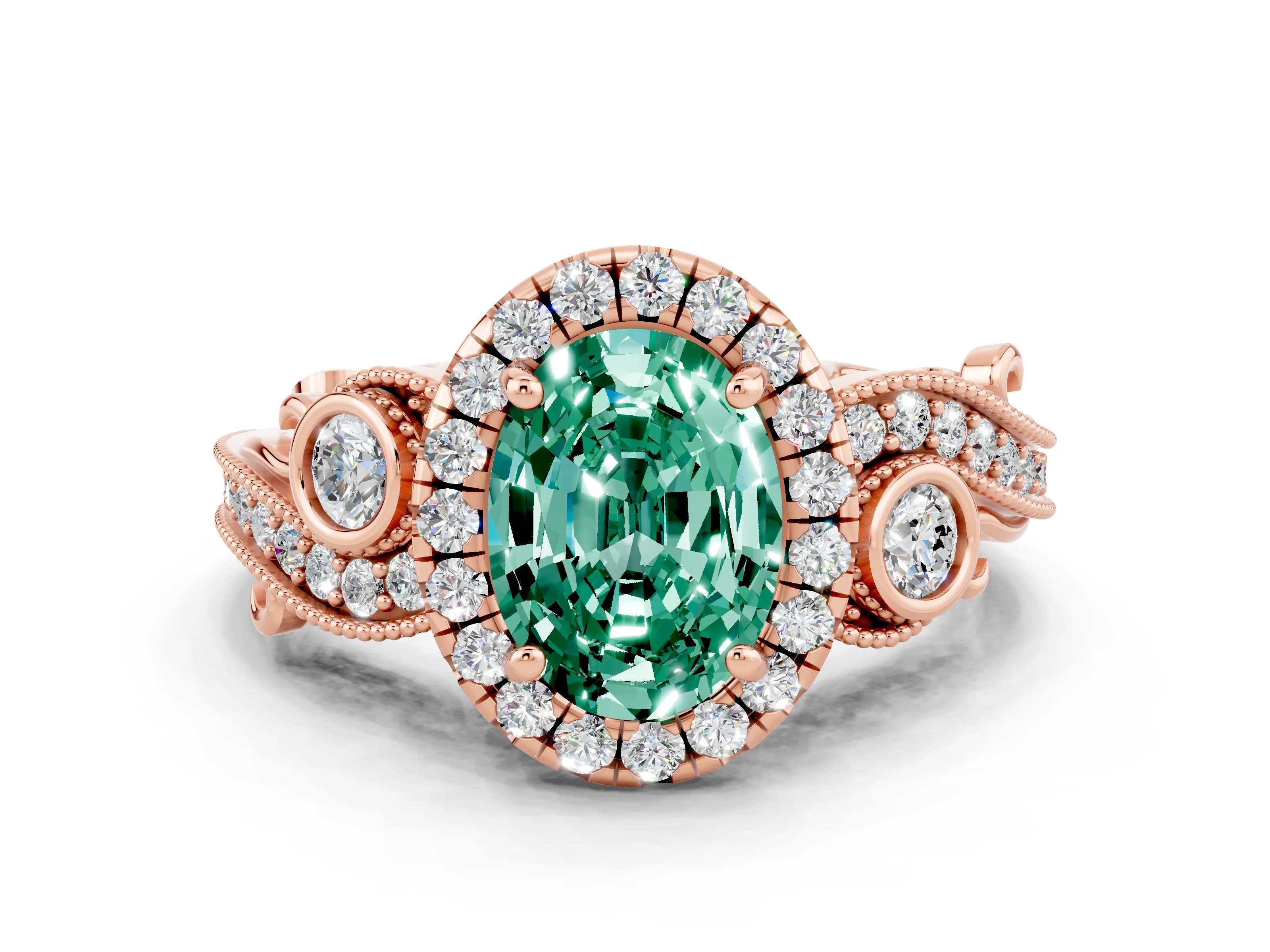 Rose gold Oval Cut Green Sapphire Halo Ring with Milgrain Pavé Band and Four-Prong Setting_24