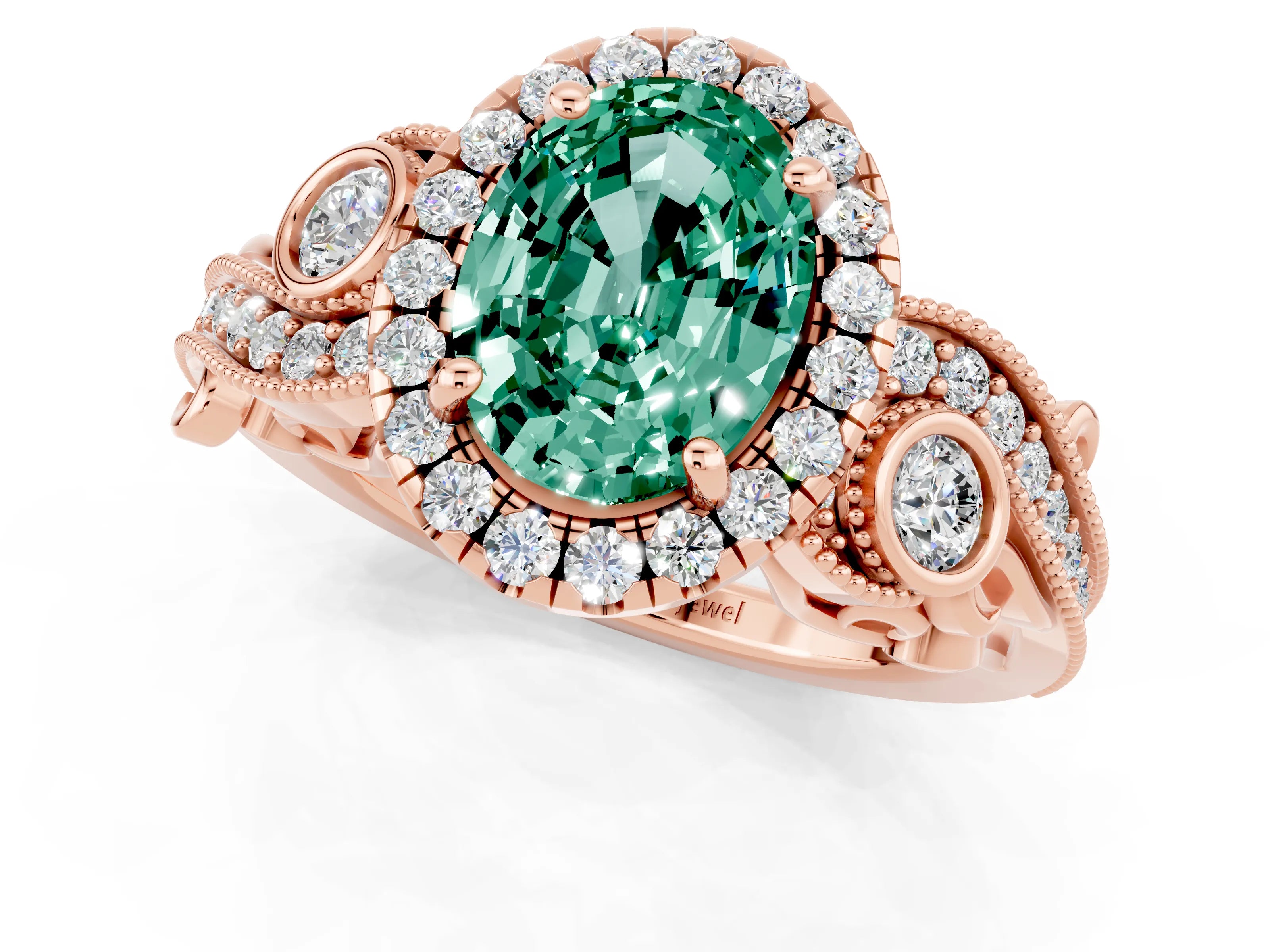 Rose gold Oval Cut Green Sapphire Halo Ring with Milgrain Pavé Band and Four-Prong Setting_25