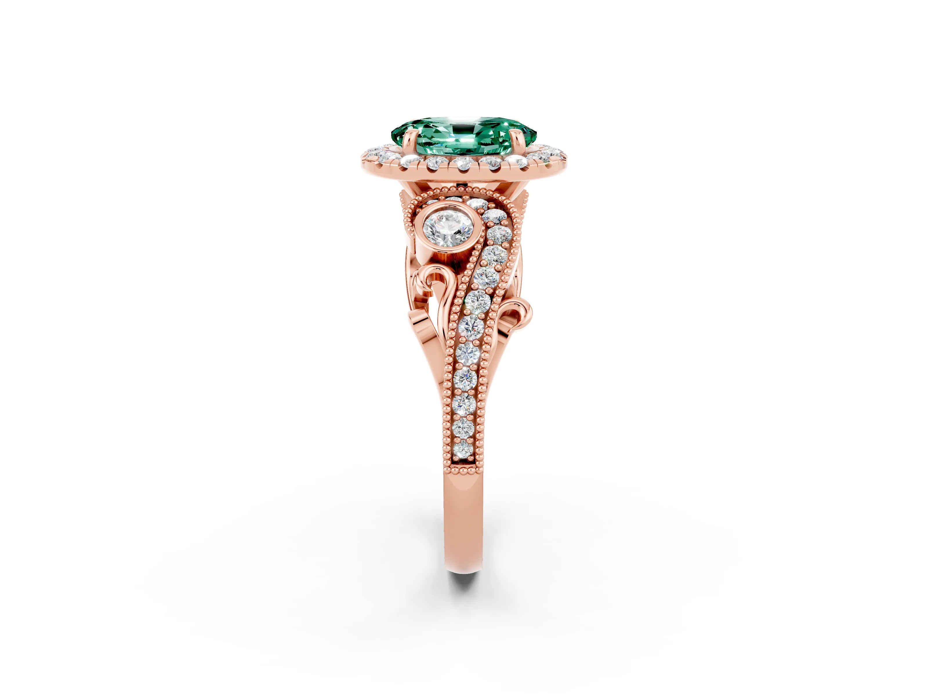 Rose gold Oval Cut Green Sapphire Halo Ring with Milgrain Pavé Band and Four-Prong Setting_26