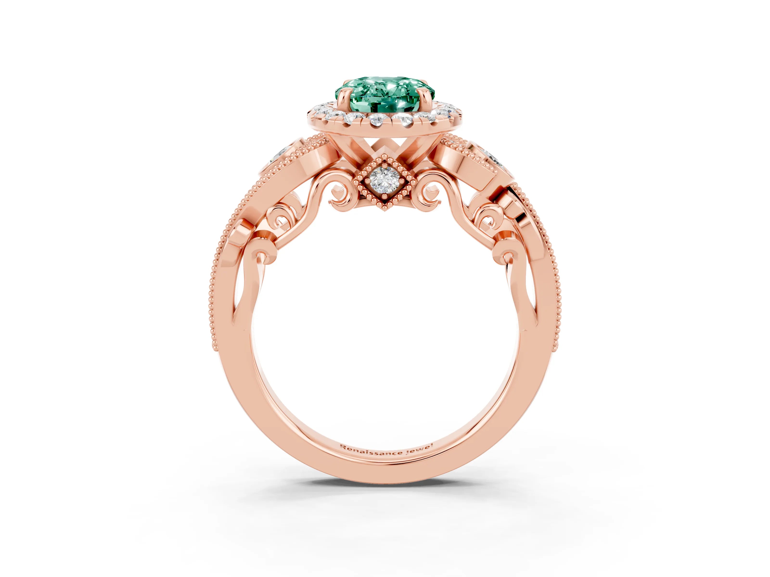 Rose gold Oval Cut Green Sapphire Halo Ring with Milgrain Pavé Band and Four-Prong Setting_27