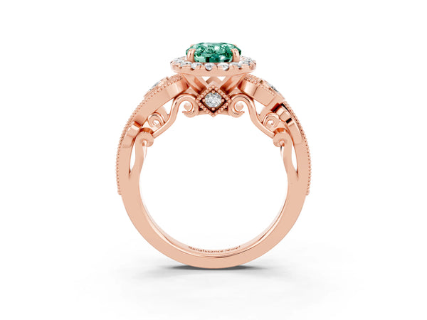 Rose gold Oval Cut Green Sapphire Halo Ring with Milgrain Pavé Band and Four-Prong Setting