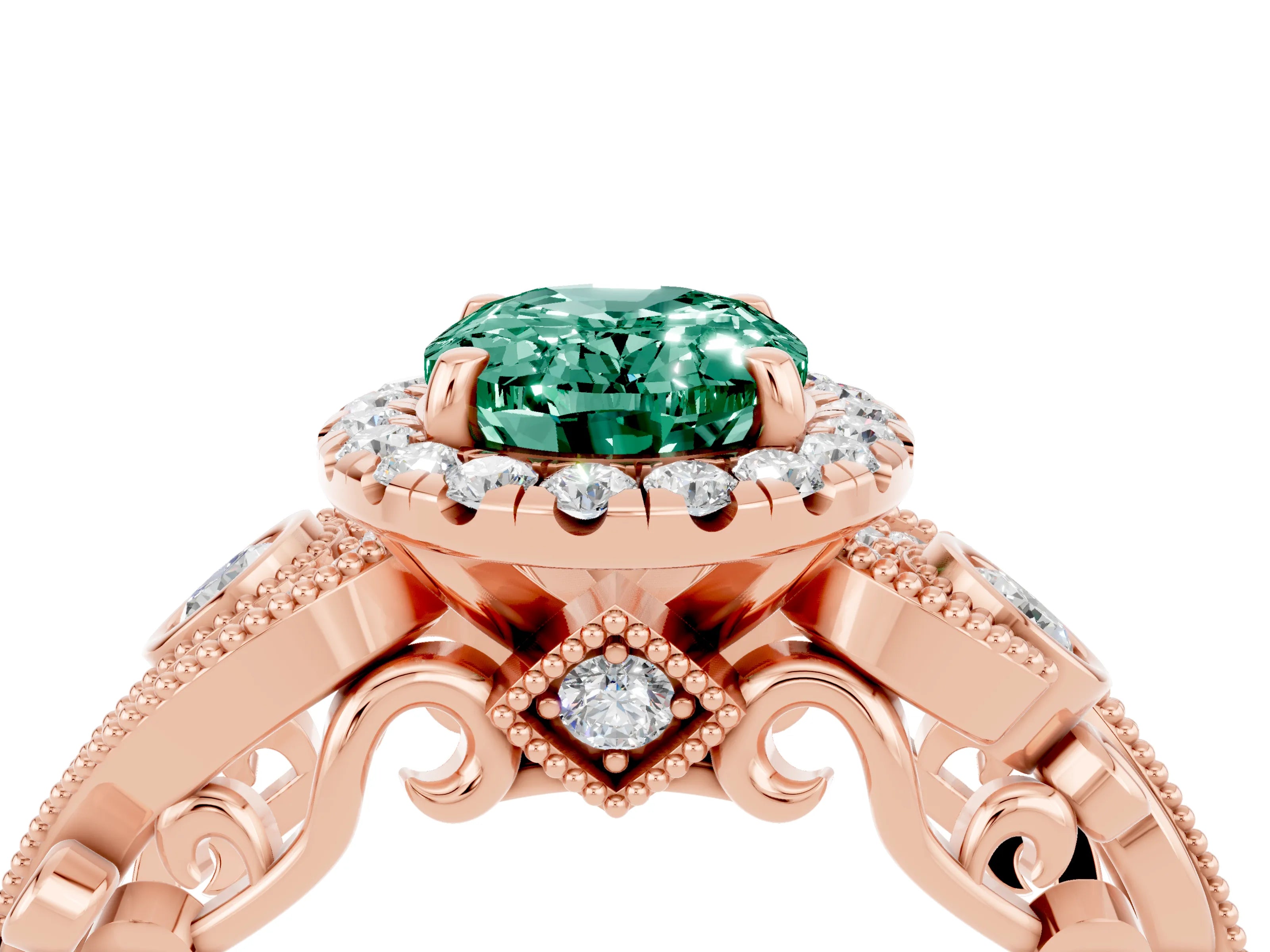 Rose gold Oval Cut Green Sapphire Halo Ring with Milgrain Pavé Band and Four-Prong Setting_28
