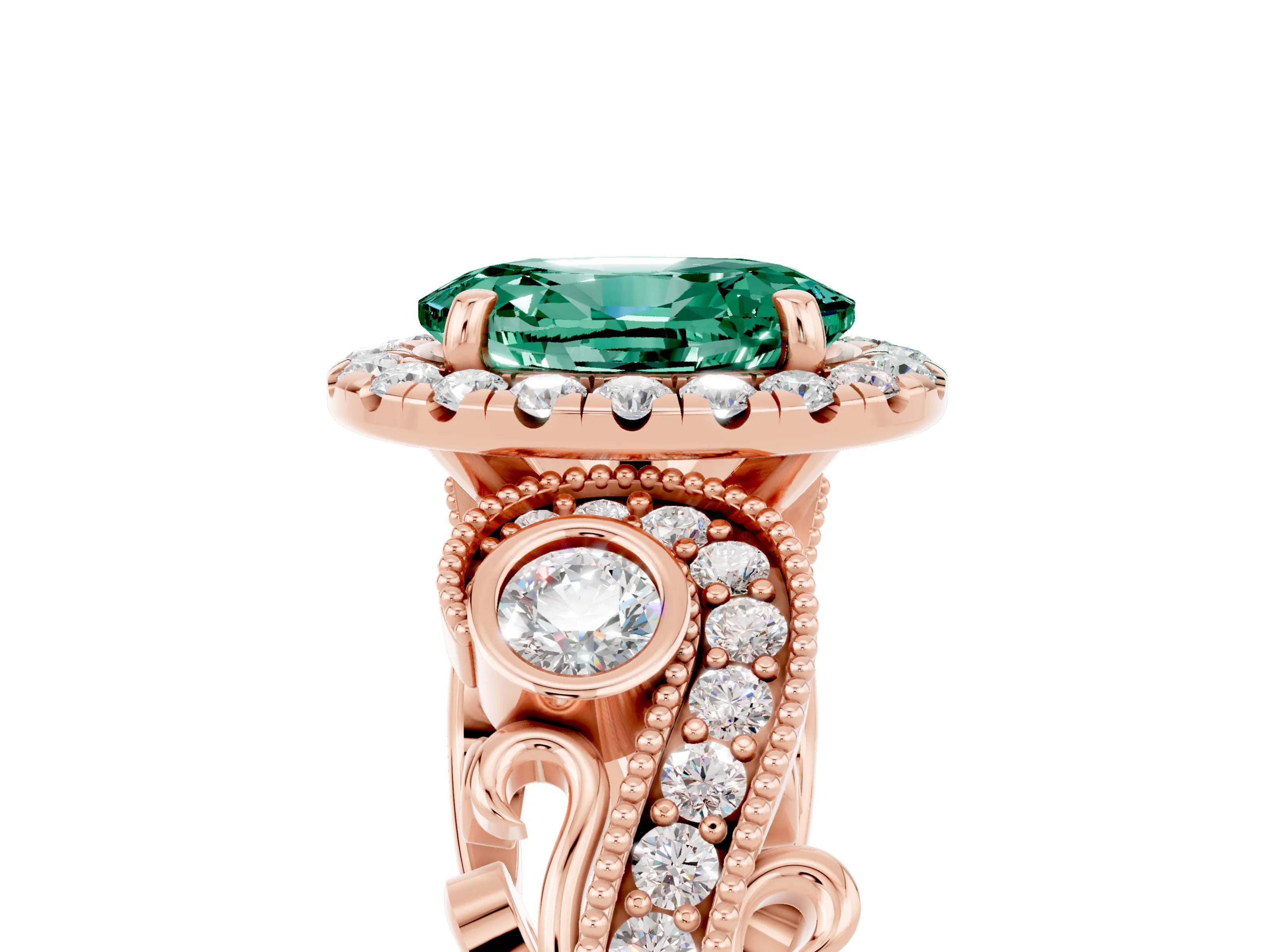 Rose gold Oval Cut Green Sapphire Halo Ring with Milgrain Pavé Band and Four-Prong Setting_29
