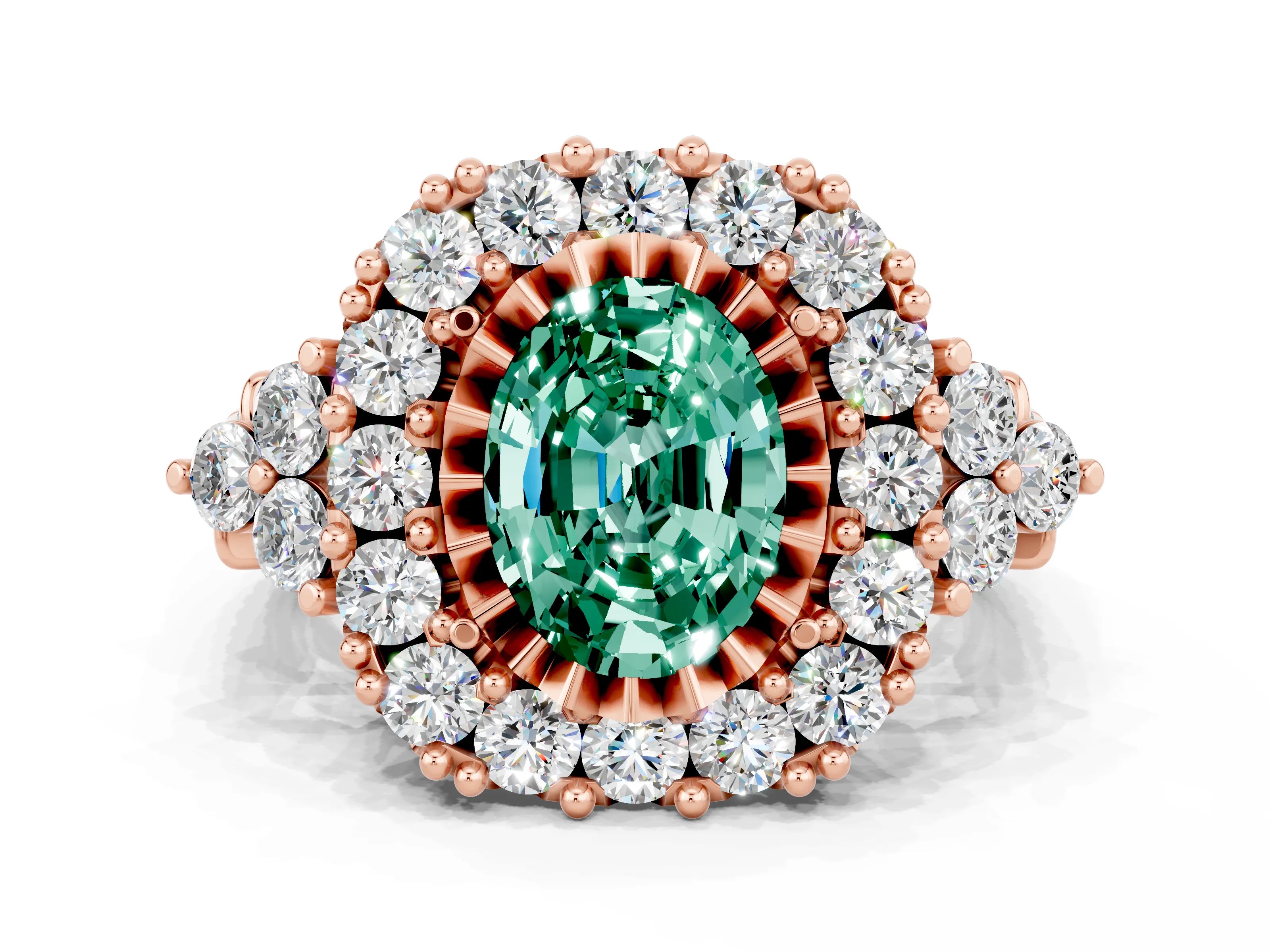 Rose gold Oval Cut Green Sapphire Halo Ring with Pavé Band and Four-Prong Setting_12