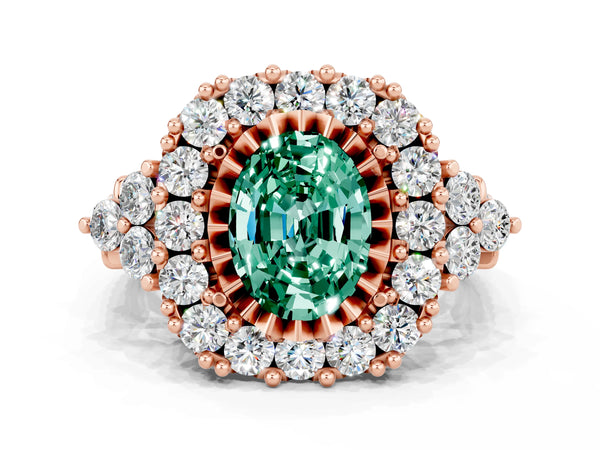 Rose gold Oval Cut Green Sapphire Halo Ring with Pavé Band and Four-Prong Setting