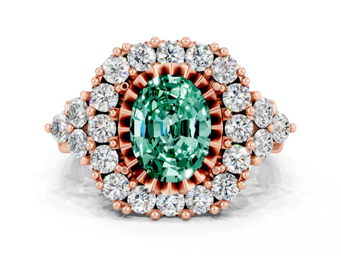 Rose gold Oval Cut Green Sapphire Halo Ring with Pavé Band and Four-Prong Setting_12