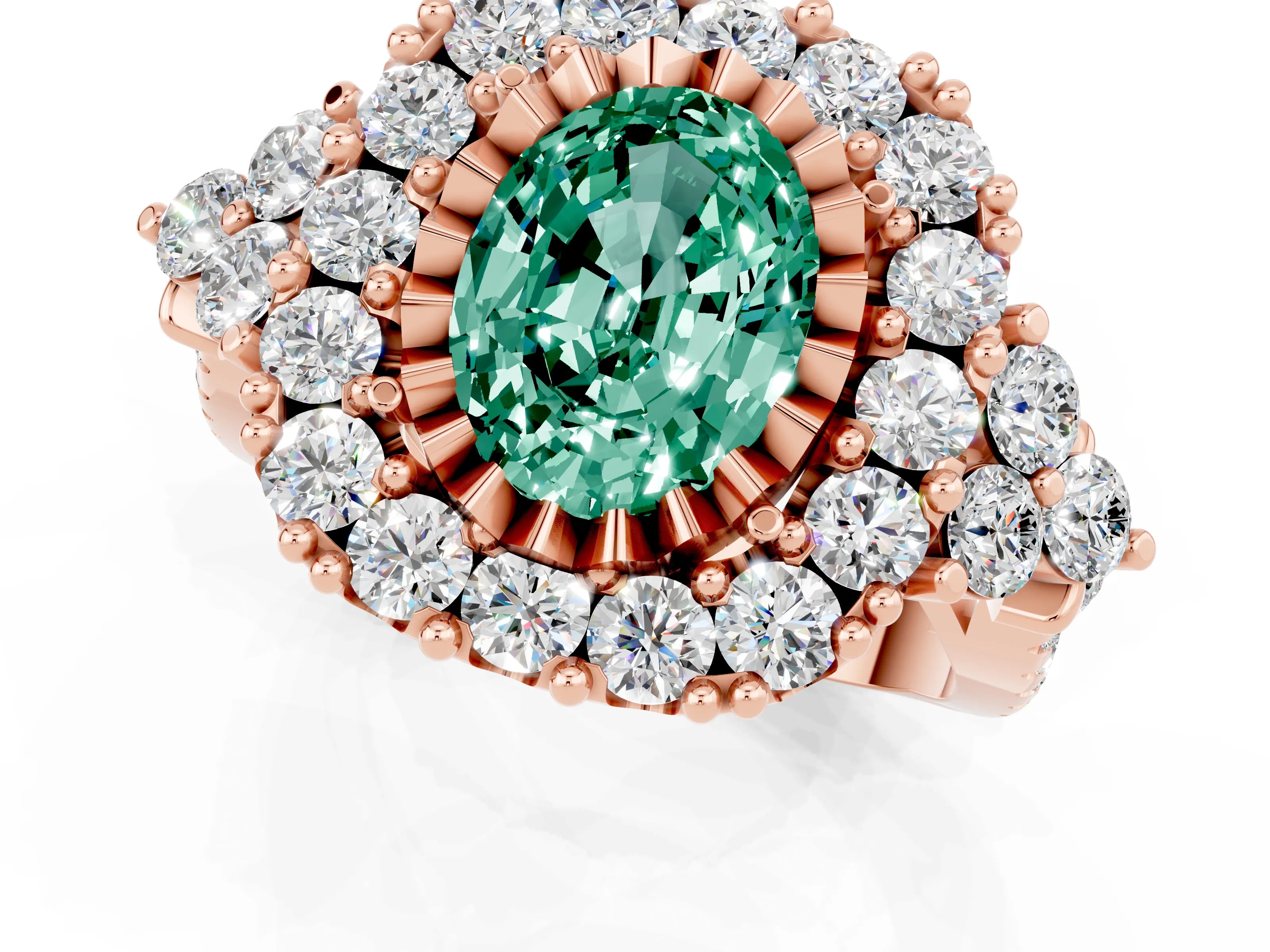 Rose gold Oval Cut Green Sapphire Halo Ring with Pavé Band and Four-Prong Setting_13