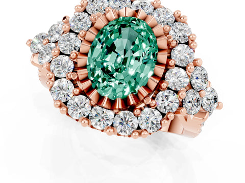 Rose gold Oval Cut Green Sapphire Halo Ring with Pavé Band and Four-Prong Setting_13