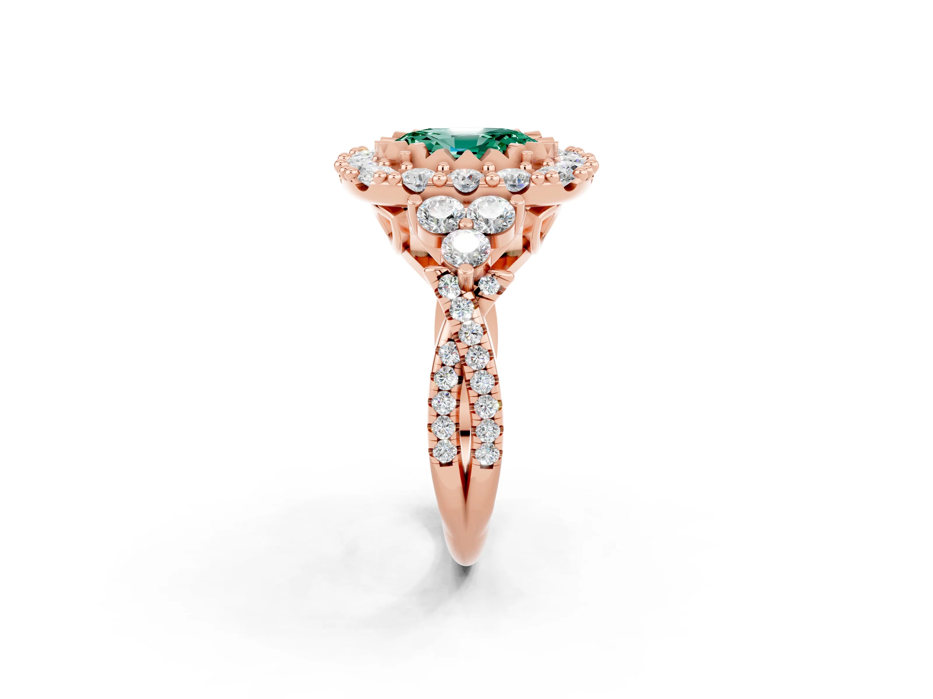 Rose gold Oval Cut Green Sapphire Halo Ring with Pavé Band and Four-Prong Setting_14