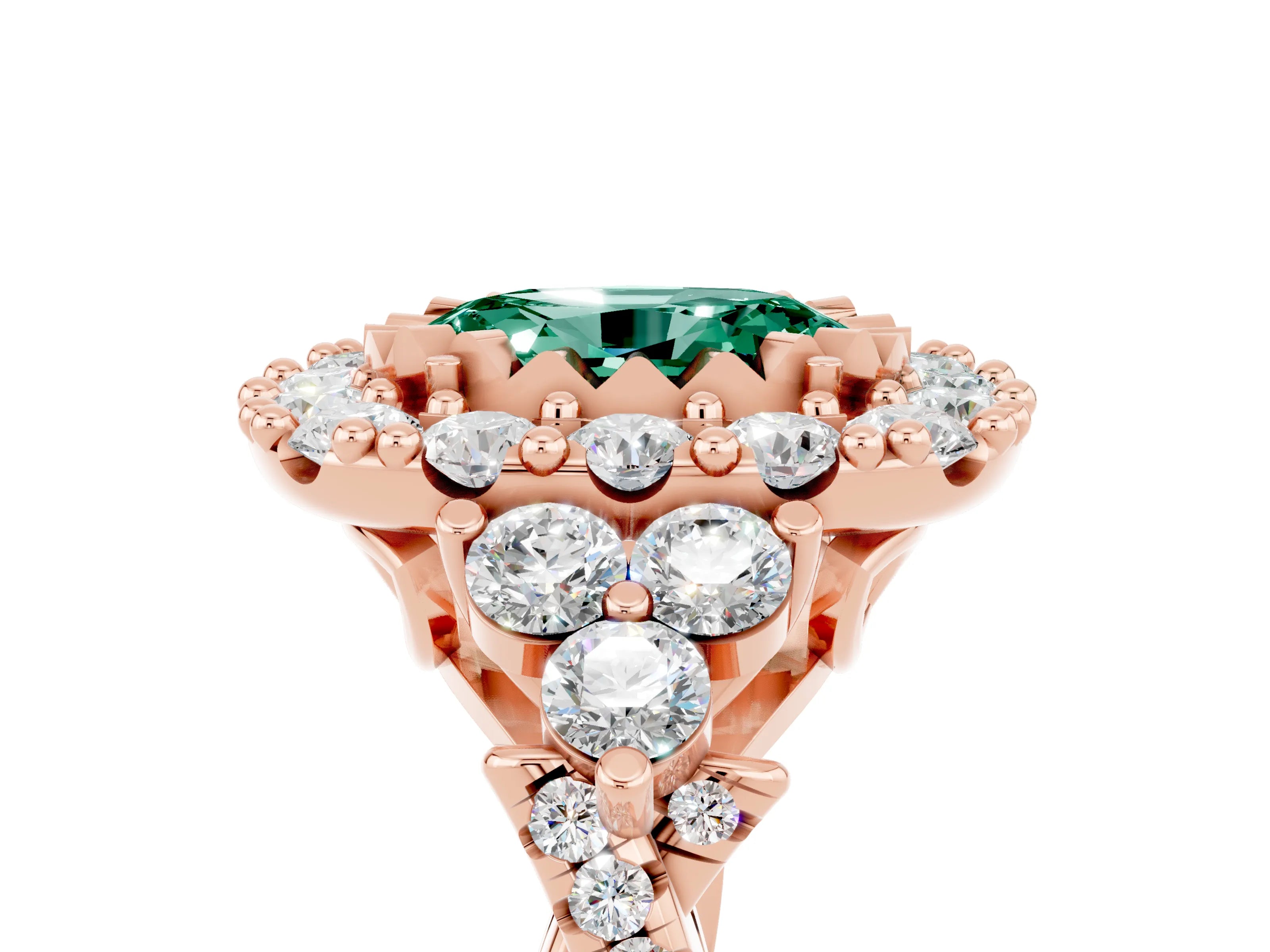 Rose gold Oval Cut Green Sapphire Halo Ring with Pavé Band and Four-Prong Setting_17
