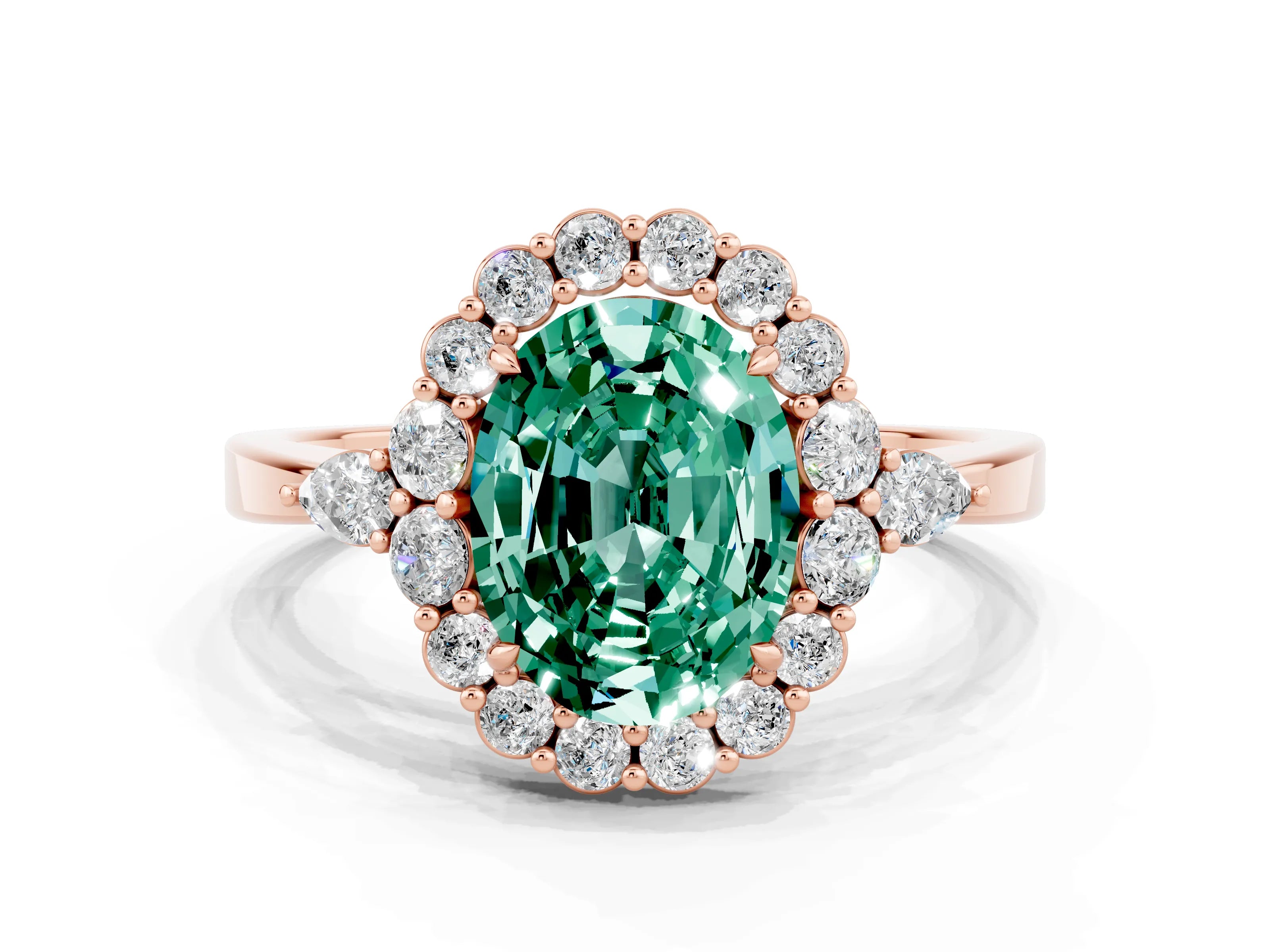 Rose gold Oval Cut Green Sapphire Halo Ring with Pear Side Stones and Prong Setting_12