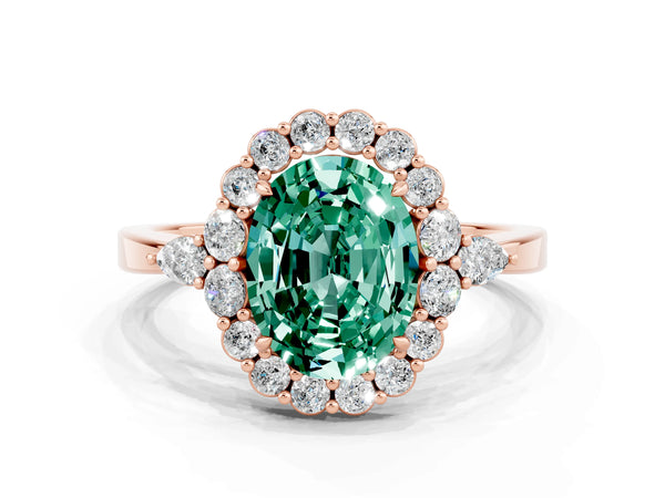 Rose gold Oval Cut Green Sapphire Halo Ring with Pear Side Stones and Prong Setting