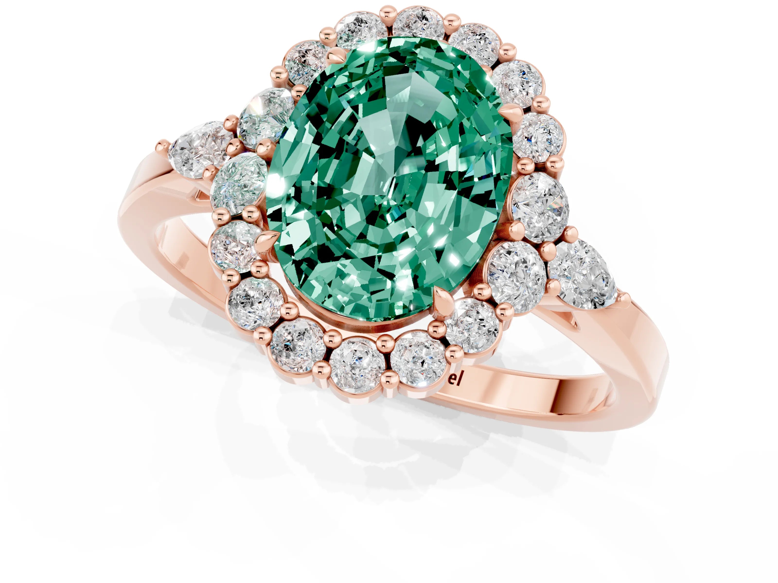 Rose gold Oval Cut Green Sapphire Halo Ring with Pear Side Stones and Prong Setting_13