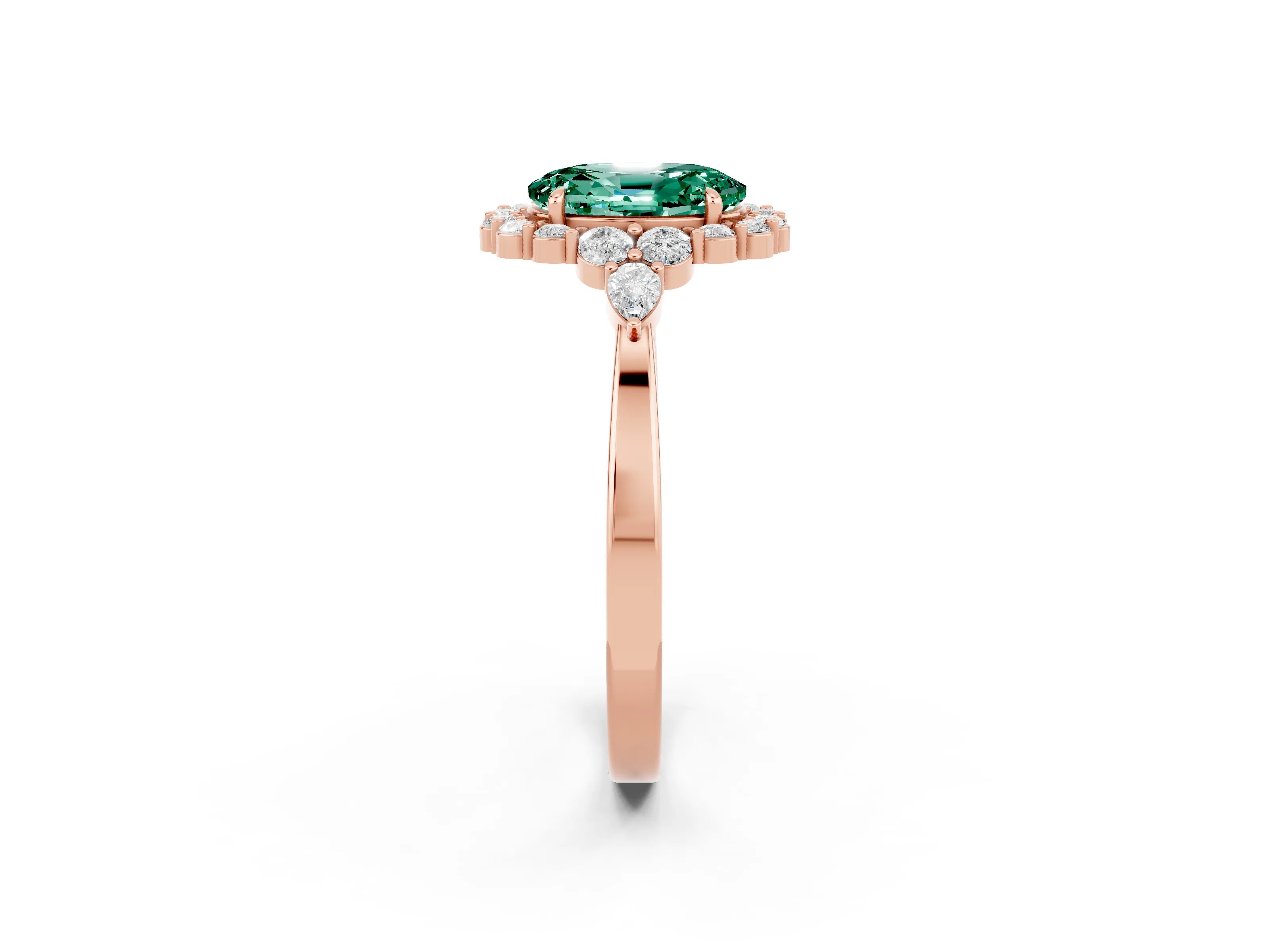 Rose gold Oval Cut Green Sapphire Halo Ring with Pear Side Stones and Prong Setting_14