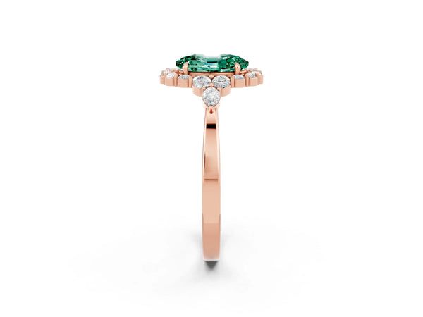 Rose gold Oval Cut Green Sapphire Halo Ring with Pear Side Stones and Prong Setting